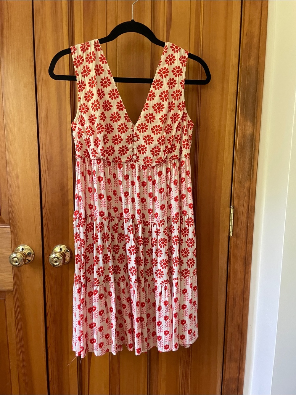 Japna Red Floral V-Neck Mini Dress, red and pink block print